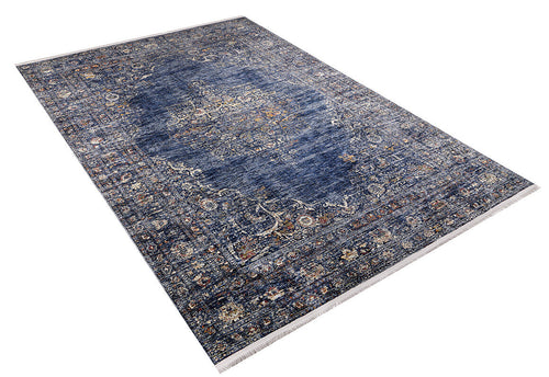 Load image 1 in gallery view. The Regal Splendor - Washable Rug - JR1017 (Custom Size) is a rectangular blue rug with ornate gold, cream, and brown patterns plus white fringes—ideal for high-traffic areas and easy to clean.