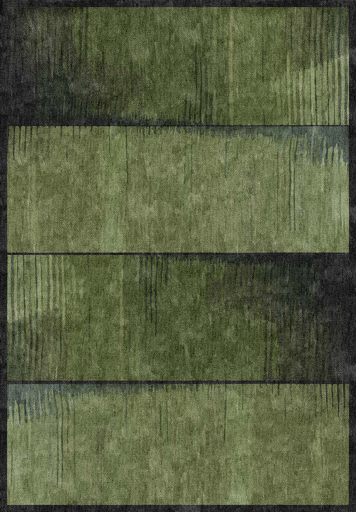 Load image 1 in gallery view. The Regal Texture - Washable Rug - JRN34 features three wide horizontal green bands with watercolor-like gradients, subtle vertical streaks, and thin dark lines separating each band for a layered, textured appearance.