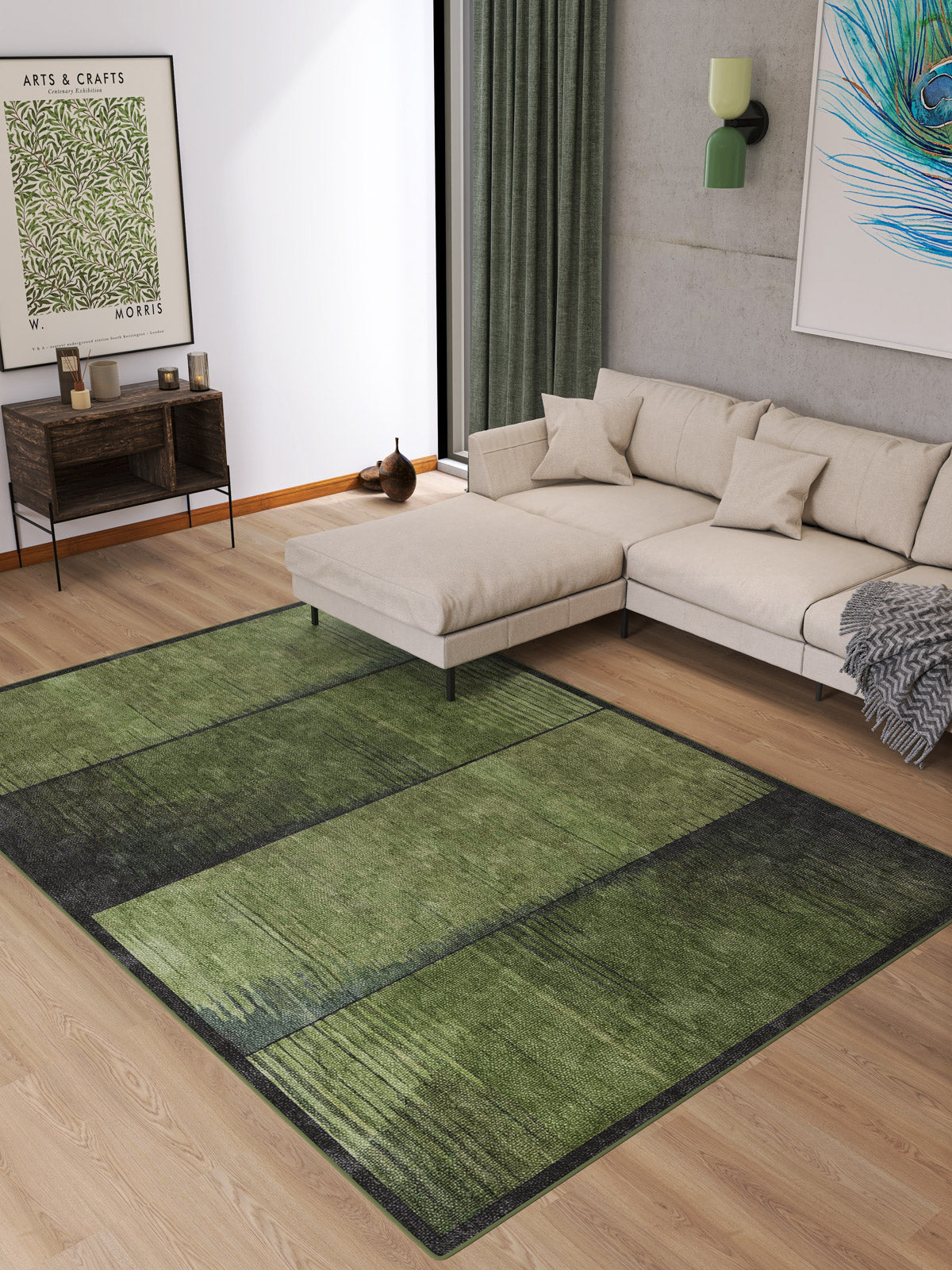 Modern living room with a beige sectional sofa, wood flooring, green curtain, wall art, a side table with books, and the Regal Texture - Washable Rug - JRN34 in green and black geometric print—perfect for high-traffic areas and minimalist neutral decor.