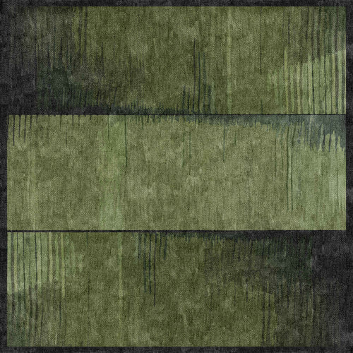 Load image 1 in gallery view. The Regal Texture - Washable Rug - JRN34 features three horizontal olive green rectangles with mottled, textured patterns and dark vertical streaks, all bordered by a slim dark frame—perfect for high-traffic areas.