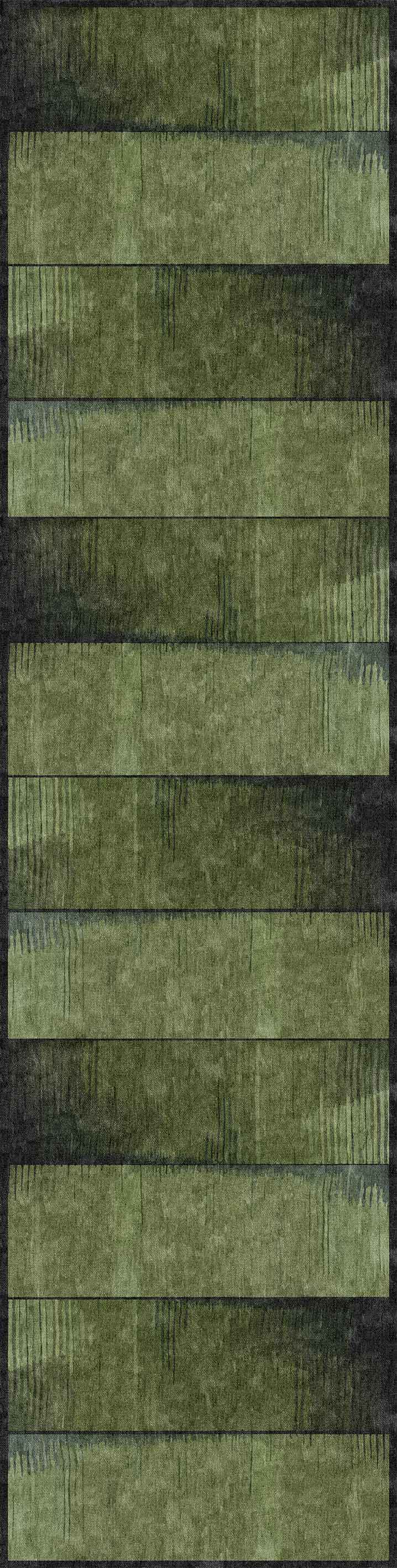 The Regal Texture - Washable Rug - JRN34 features horizontal green tones and dark green stripes with textured, worn effects, faint vertical lines, and smudges. Its earthy, abstract look is perfect for high-traffic areas.