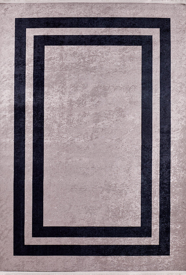 The Regal Trellis - Washable Rug - JR601 (Custom Size) features a textured light gray background with two bold dark rectangular borders, offering a modern geometric look ideal for high-traffic spaces.