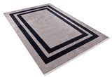 The Regal Trellis - Washable Rug - JR601 (Custom Size) features a rectangular shape with a light gray base and two bold black borders. Shown angled on a white background, it's ideal for high-traffic areas and easy to clean.