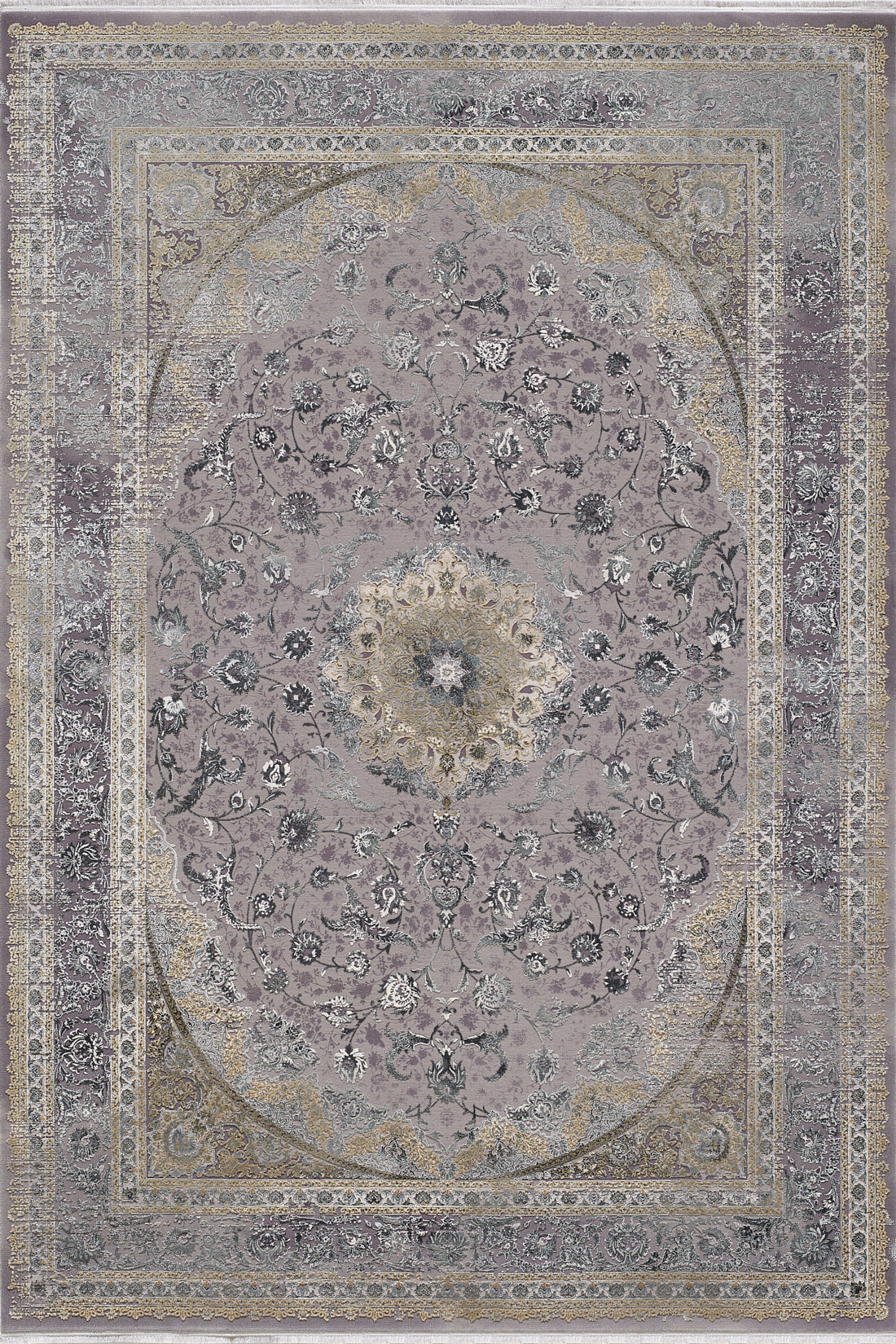 The Reimagined Heritage Modernised Medallion Rug - Dust - M642B is a rectangular, machine-made rug showcasing intricate floral patterns in gray, lavender, and gold with an ornate central medallion and a detailed decorative border.