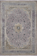 The Reimagined Heritage Modernised Medallion Rug - Dust - M642B is a rectangular, machine-made rug showcasing intricate floral patterns in gray, lavender, and gold with an ornate central medallion and a detailed decorative border.