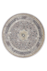 The Reimagined Heritage Modernised Medallion Rug - Dust - M642B is a round rug with an ornate medallion, intricate pattern, and concentric borders in gray, beige, and gold tones.