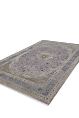 The Reimagined Heritage Modernised Medallion Rug - Dust - M642B is a rectangular Turkish-style rug with ornate floral and geometric patterns in gray, beige, and gold, a central medallion, decorative borders, displayed on a white background.