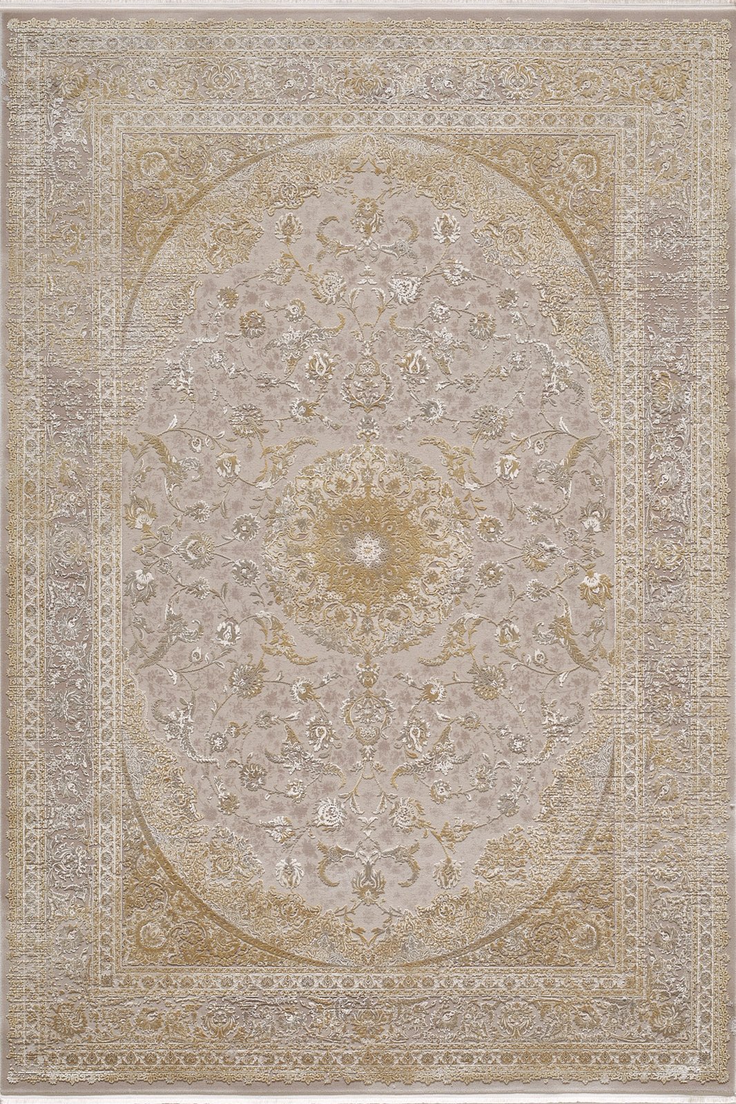The Reimagined Heritage Modernised Medallion Rug - Gold - M642F features an intricate floral and vine medallion design in gold, beige, and ivory with a detailed border. This machine-made rug brings classical elegance to any space.