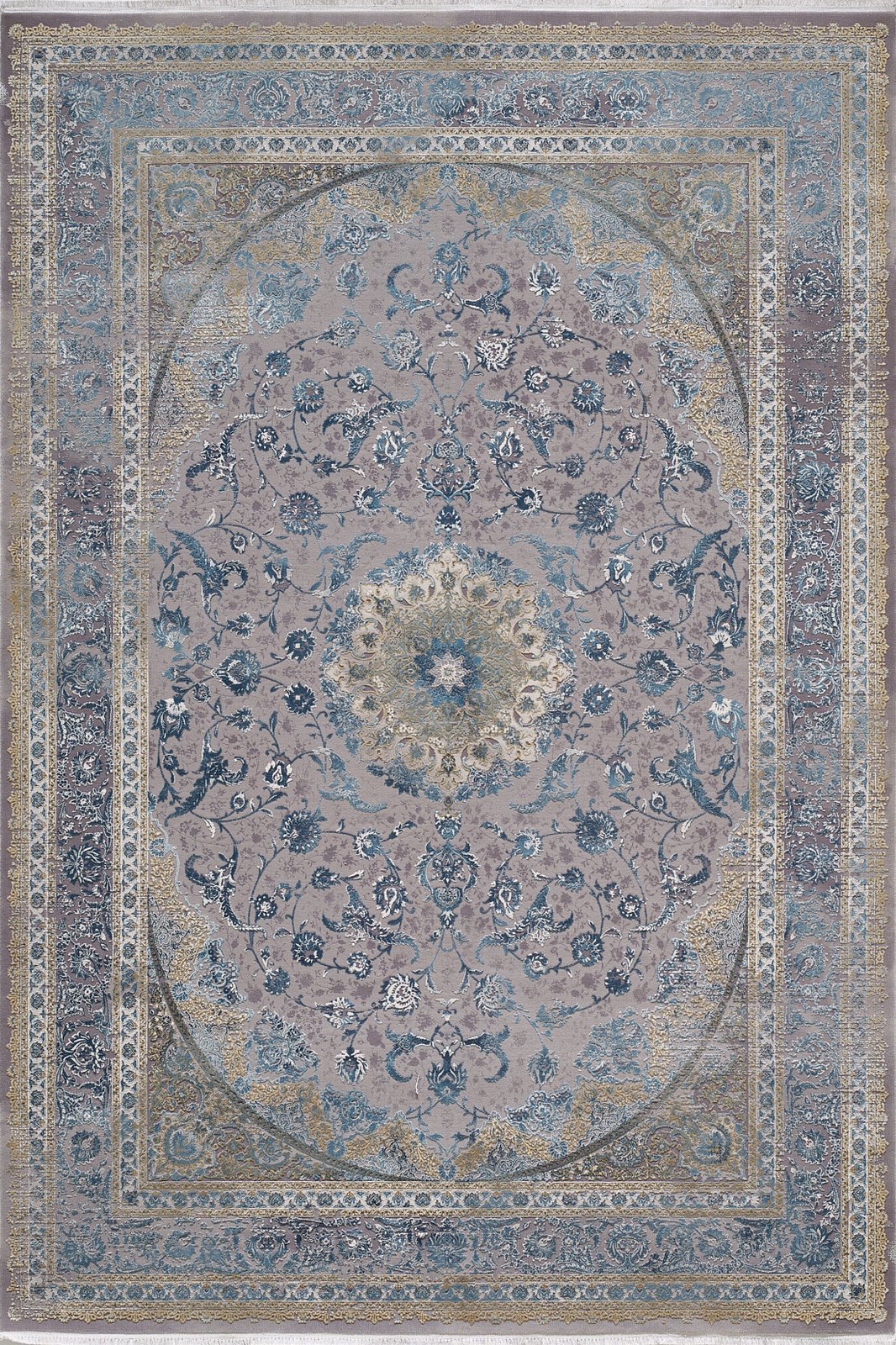 The Reimagined Heritage Modernised Medallion Rug - Sky - M642A features a central floral medallion with blue, beige, and gold accents, surrounded by detailed geometric and floral border patterns in a modern Persian-inspired style.