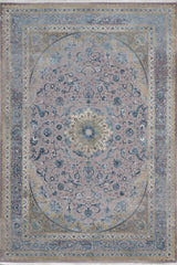 The Reimagined Heritage Modernised Medallion Rug - Sky - M642A features a central floral medallion with blue, beige, and gold accents, surrounded by detailed geometric and floral border patterns in a modern Persian-inspired style.