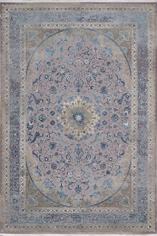Load image 1 in gallery view. The Reimagined Heritage Modernised Medallion Rug - Sky - M642A features a central floral medallion with blue, beige, and gold accents, surrounded by detailed geometric and floral border patterns in a modern Persian-inspired style.