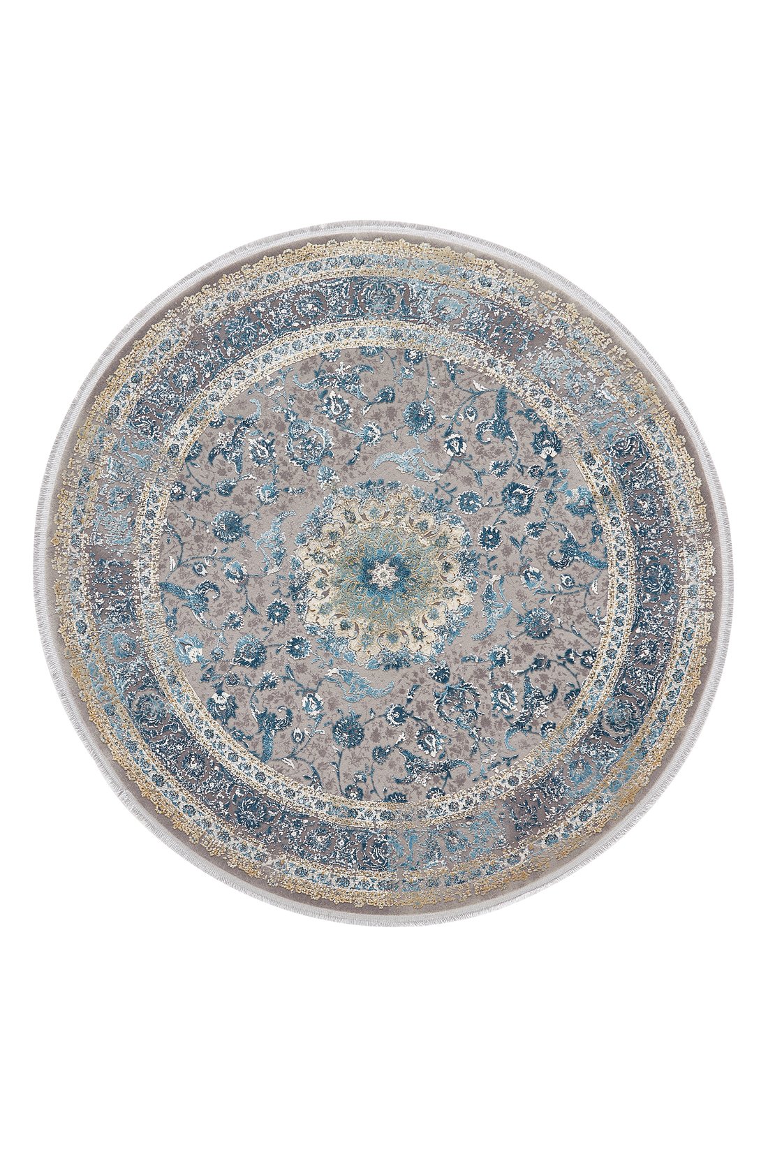 The Reimagined Heritage Modernised Medallion Rug - Sky - M642A is a round rug with an intricate central floral medallion in blue, gray, beige, and cream tones, highlighted by ornate borders and elegant detailing.