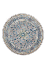The Reimagined Heritage Modernised Medallion Rug - Sky - M642A is a round rug with an intricate central floral medallion in blue, gray, beige, and cream tones, highlighted by ornate borders and elegant detailing.
