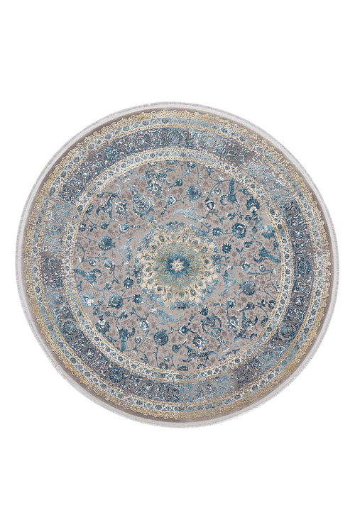 Load image 1 in gallery view. The Reimagined Heritage Modernised Medallion Rug - Sky - M642A is a round rug with an intricate central floral medallion in blue, gray, beige, and cream tones, highlighted by ornate borders and elegant detailing.