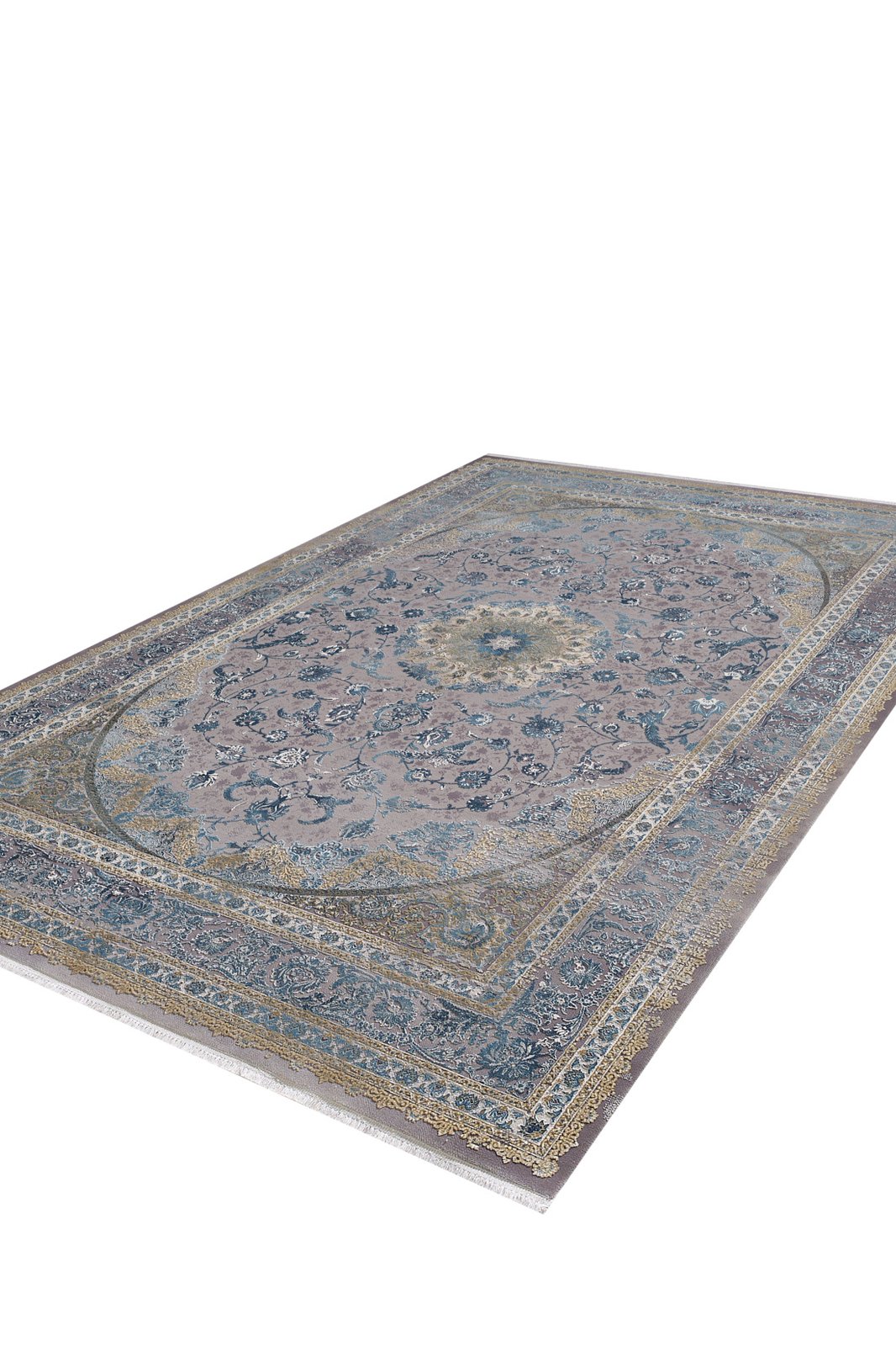 The Reimagined Heritage Modernised Medallion Rug - Sky - M642A is a large machine-made rectangular rug featuring an intricate blue, beige, and gray floral medallion pattern with a decorative border, displayed on a white background.