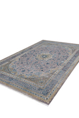 The Reimagined Heritage Modernised Medallion Rug - Sky - M642A is a large machine-made rectangular rug featuring an intricate blue, beige, and gray floral medallion pattern with a decorative border, displayed on a white background.