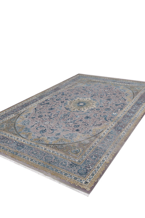 Load image 1 in gallery view. The Reimagined Heritage Modernised Medallion Rug - Sky - M642A is a large machine-made rectangular rug featuring an intricate blue, beige, and gray floral medallion pattern with a decorative border, displayed on a white background.