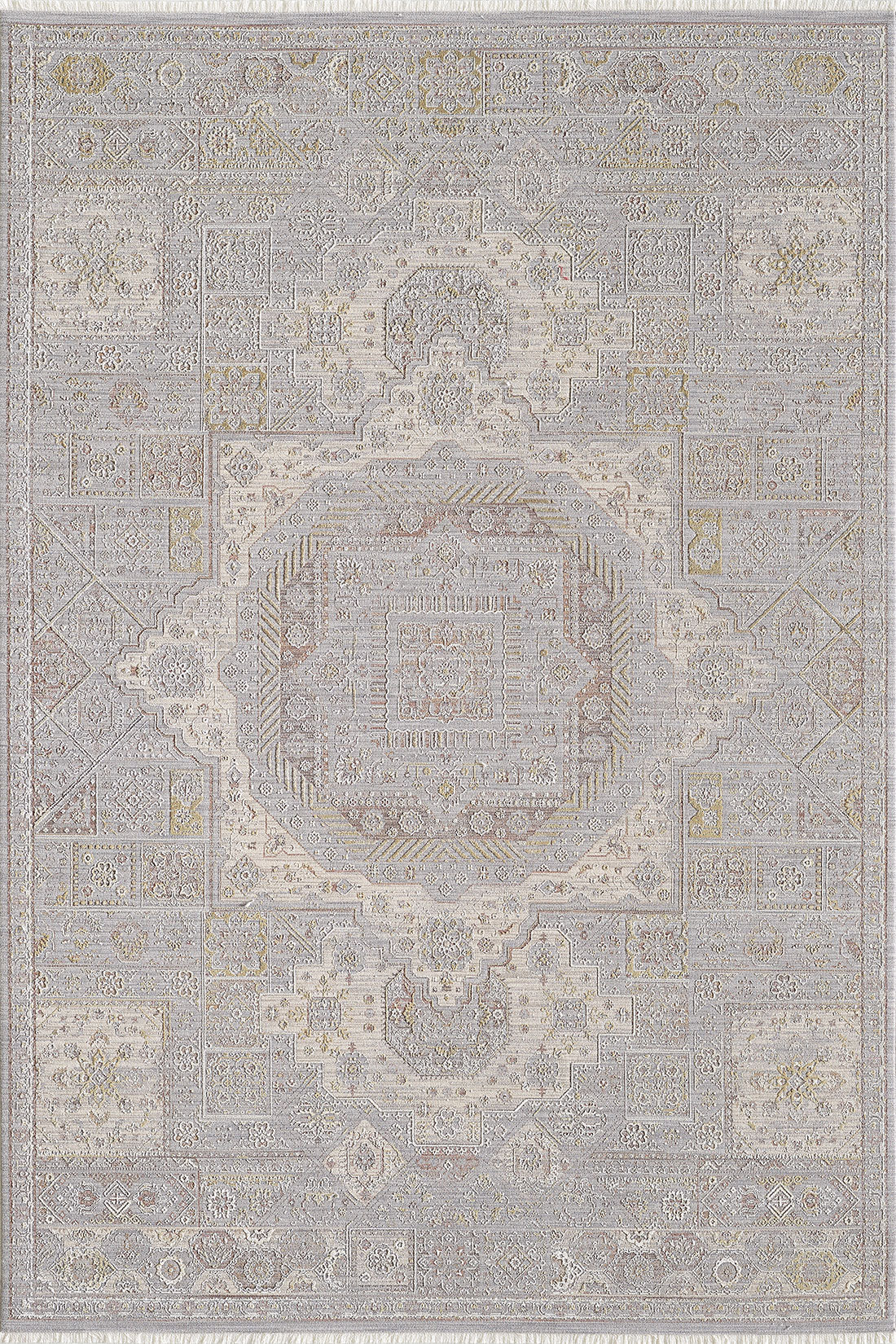 The Revived Legacy Premium Rug - M616M is a rectangular rug with an intricate, symmetrical pattern in gray, beige, and gold tones. Machine-made for style and durability, it features ornate details perfect for any modern space.