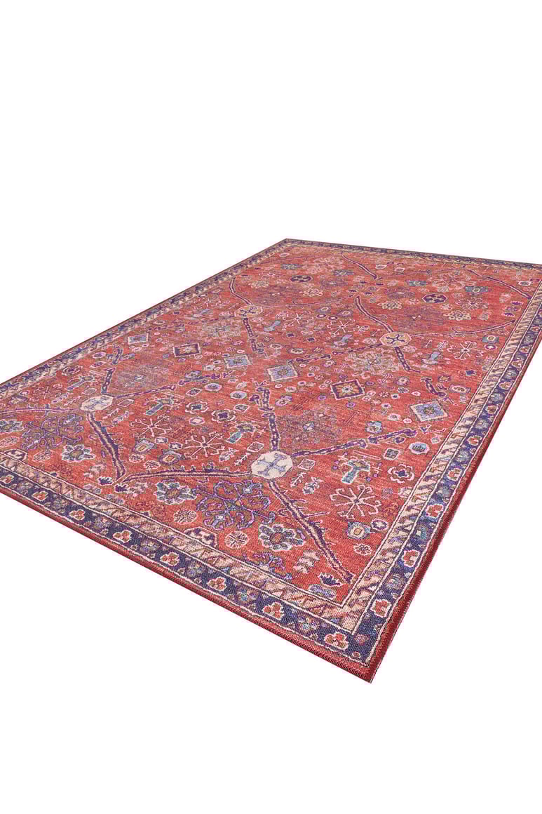 The Rhapsody Authentic Red Washable Rug - LCC3033 (Outlet) US features a large rectangular design with intricate floral and geometric patterns, blue and red borders, and is perfect for high-traffic areas. Shown on a white background.