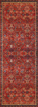 The Rhapsody Authentic Red Washable Rug - LCC3033 showcases a rich red background with geometric and floral patterns in blue, yellow, white, and black, framed by ornate multicolored borders—perfect for high-traffic areas.