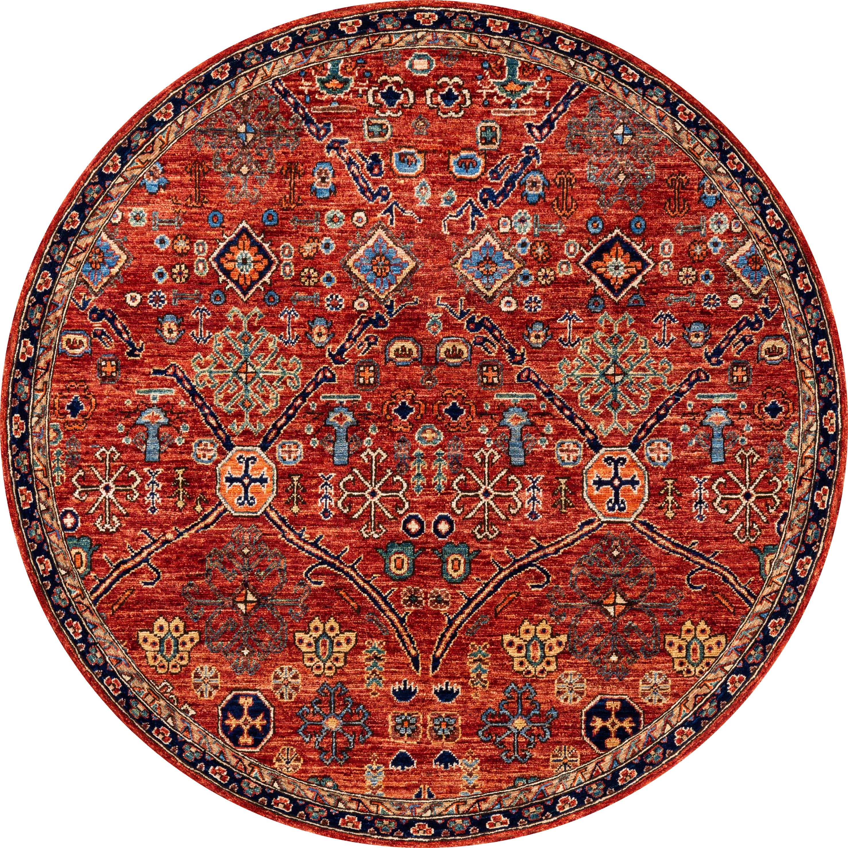The Rhapsody Authentic Red Washable Rug (LCC3033) features ornate geometric and floral patterns in blue, yellow, and cream. Its round, durable design with a detailed border is perfect for high-traffic areas and easy to clean.