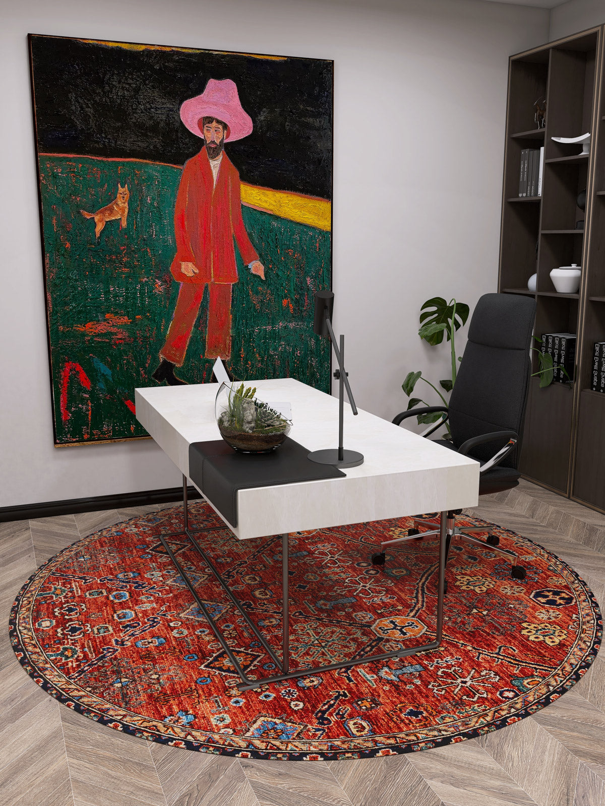 A modern office with a white desk, black chair, and the Rhapsody Authentic Red Washable Rug (LCC3033)—ideal for high-traffic spaces. A large painting of a person in a pink hat and red suit with a yellow dog on grass hangs on the wall.