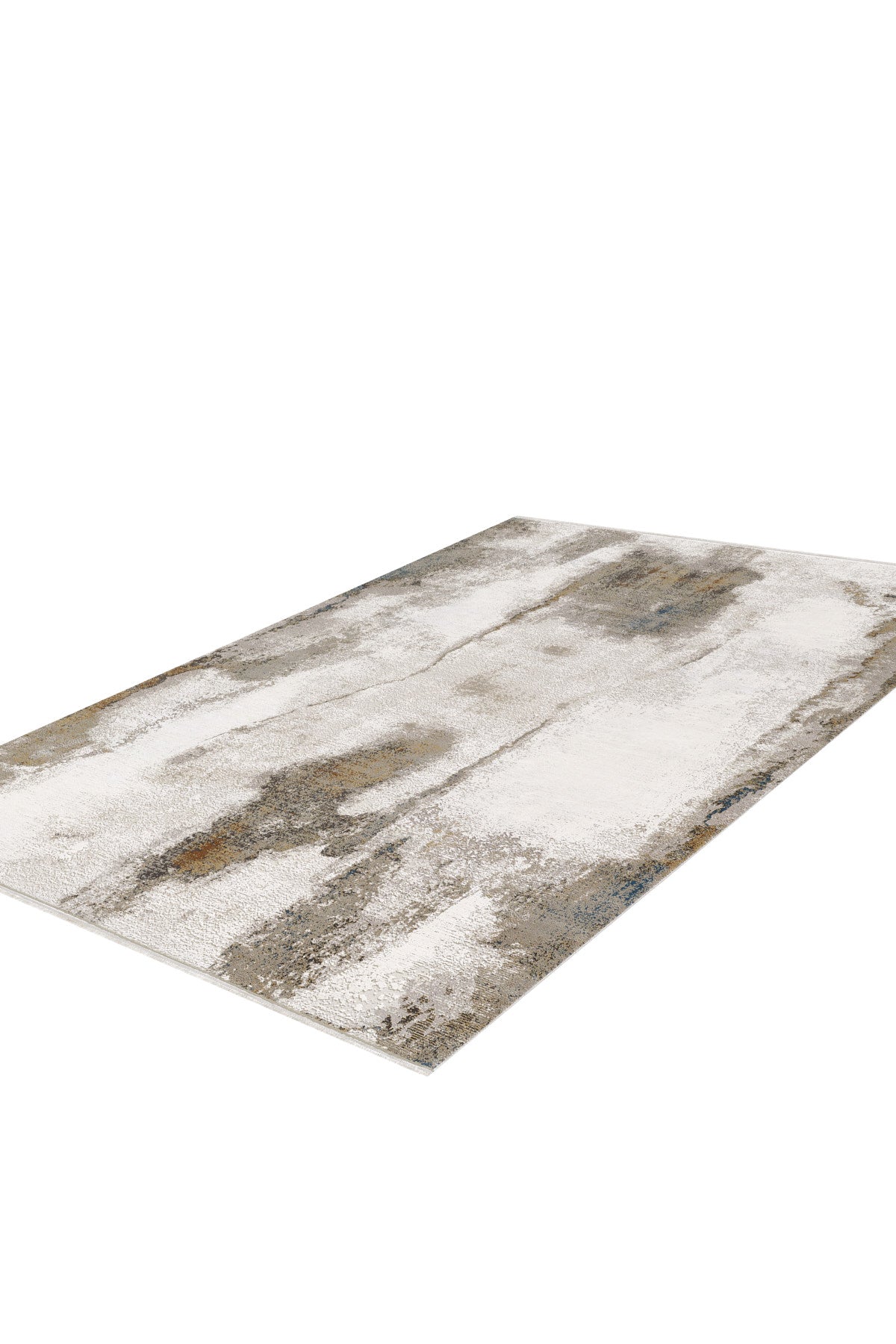 The Riverstone Reflections Premium Area Rug - M685L is a rectangular, machine-made rug with an abstract marble-inspired pattern in beige, brown, gray, and white tones. It has a faded, textured look and is shown against a white background.