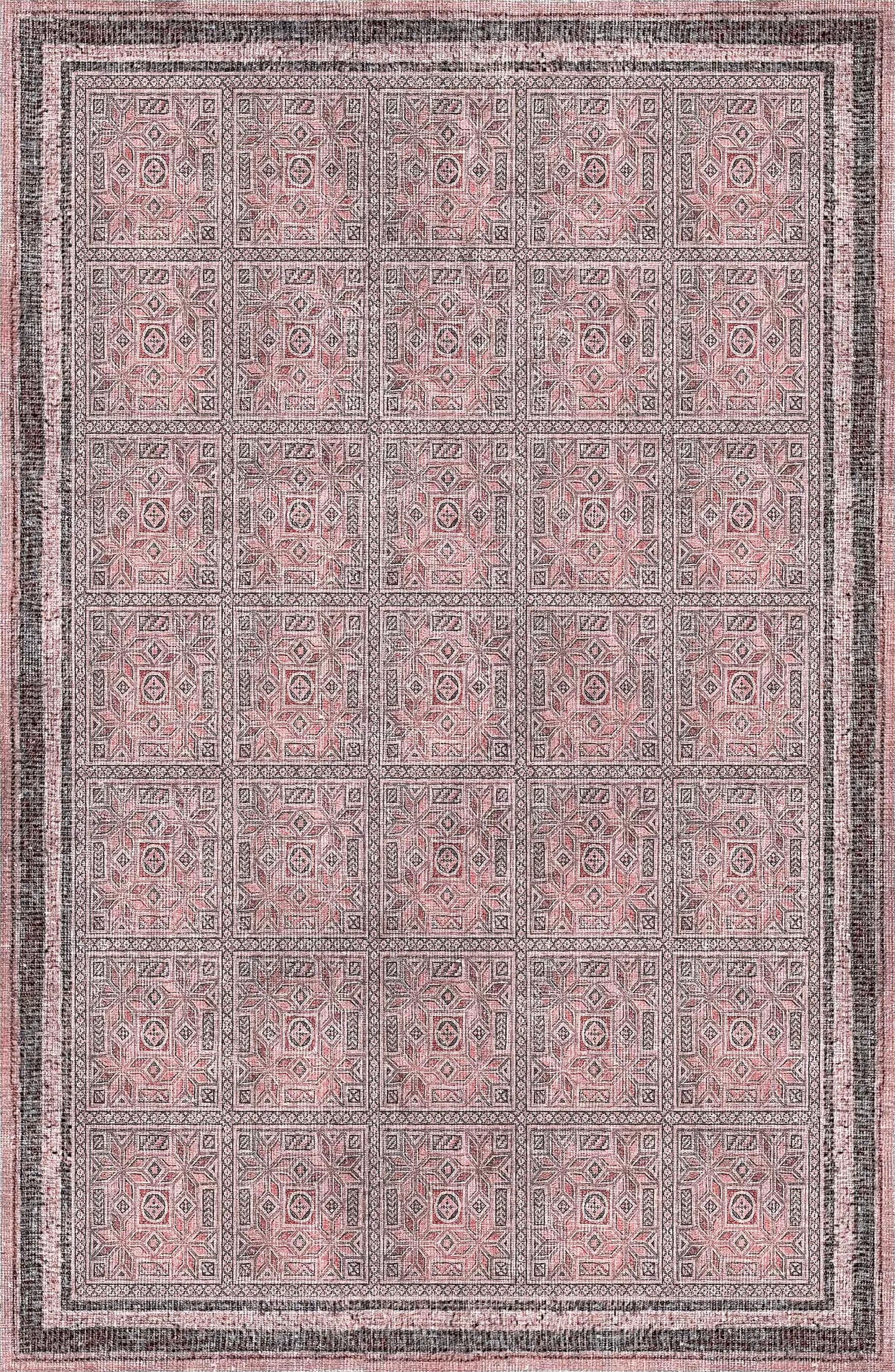 The Rose Panel - Washable Rug - JRN1035 (Custom Size) is a pink area rug featuring gray accents, geometric grid patterns, and multiple decorative borders.