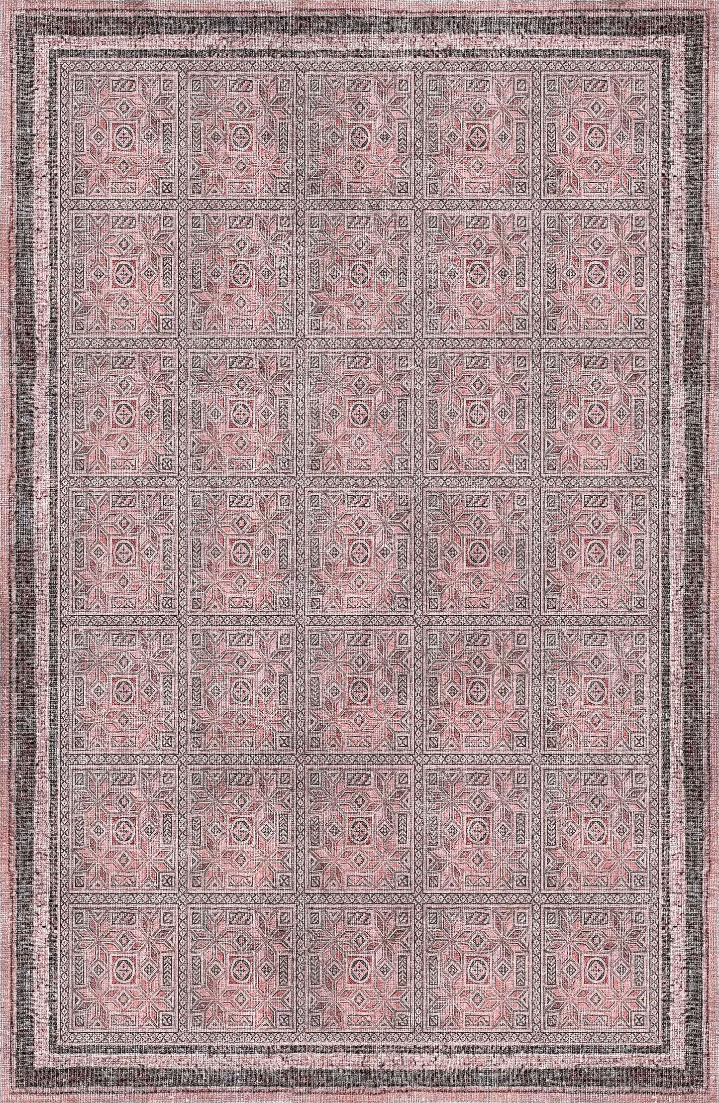 The Rose Panel - Washable Rug - JRN1035 (Custom Size) is a pink area rug featuring gray accents, geometric grid patterns, and multiple decorative borders.