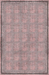 The Rose Panel - Washable Rug - JRN1035 (Custom Size) is a pink area rug featuring gray accents, geometric grid patterns, and multiple decorative borders.