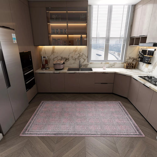 Load image 1 in gallery view. Modern kitchen with sleek brown cabinets, marble countertops, built-in appliances, and a large window with blinds. The wooden herringbone floor is decorated with the Rose Panel - Washable Rug - JRN1035 (Custom Size).