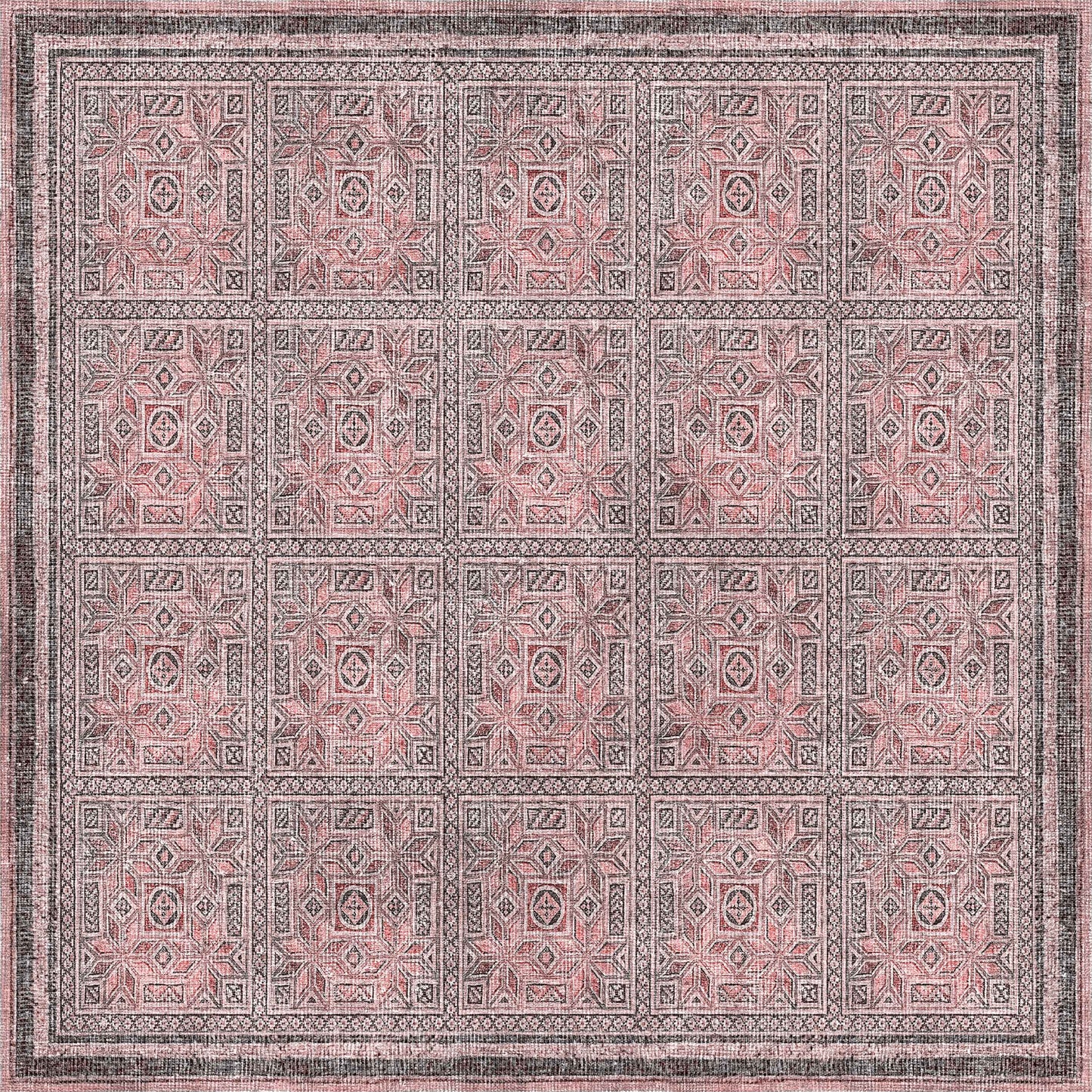 The Rose Panel - Washable Rug - JRN1035 (Custom Size) features large geometric square motifs with star and diamond patterns in pink, gray, and black, bordered by intricate lines. Its washable design adds both style and convenience to any space.