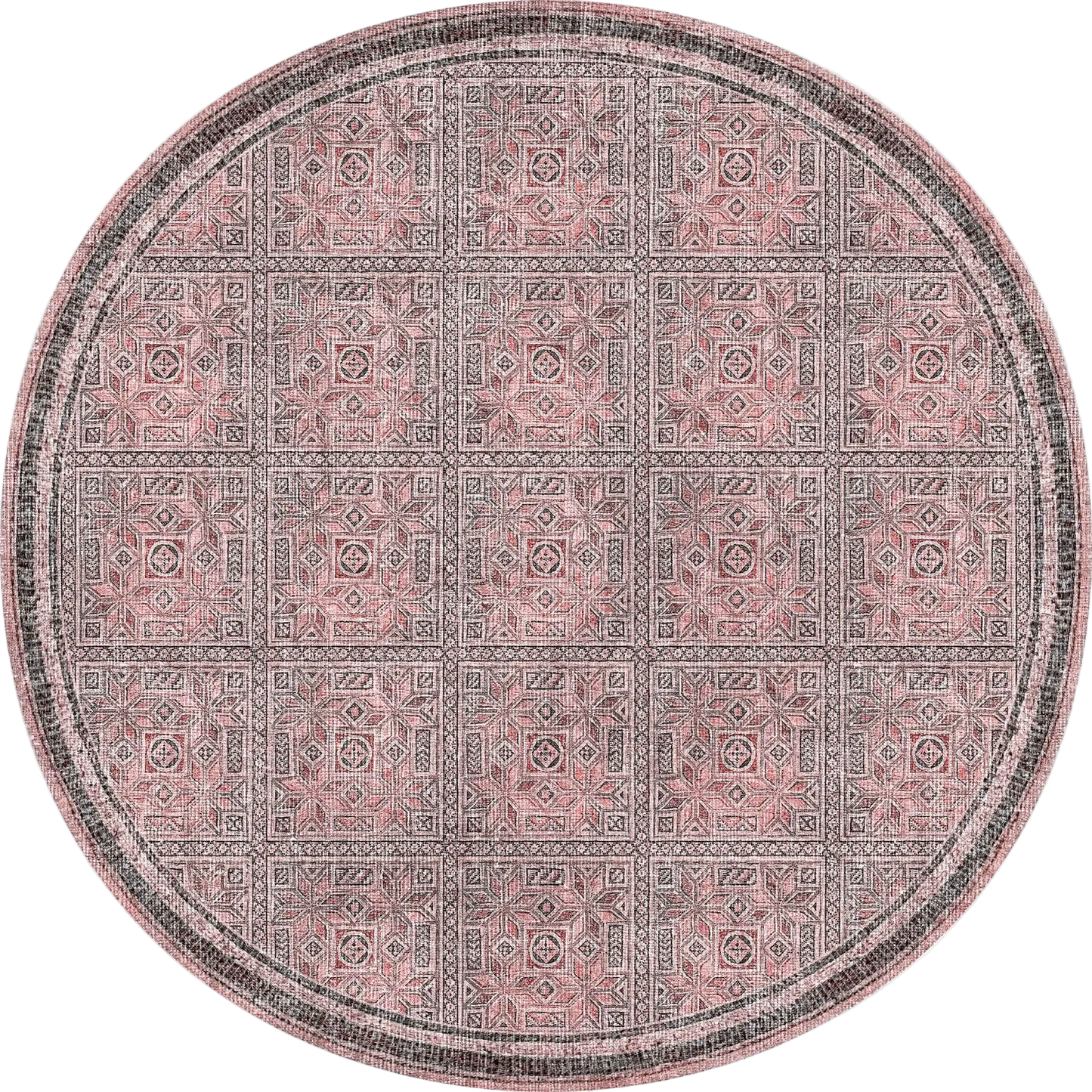 The Rose Panel - Washable Rug (JRN1035, Custom Size) is a round rug with an intricate geometric grid pattern in pink, black, and white, featuring ornate squares and a detailed border.
