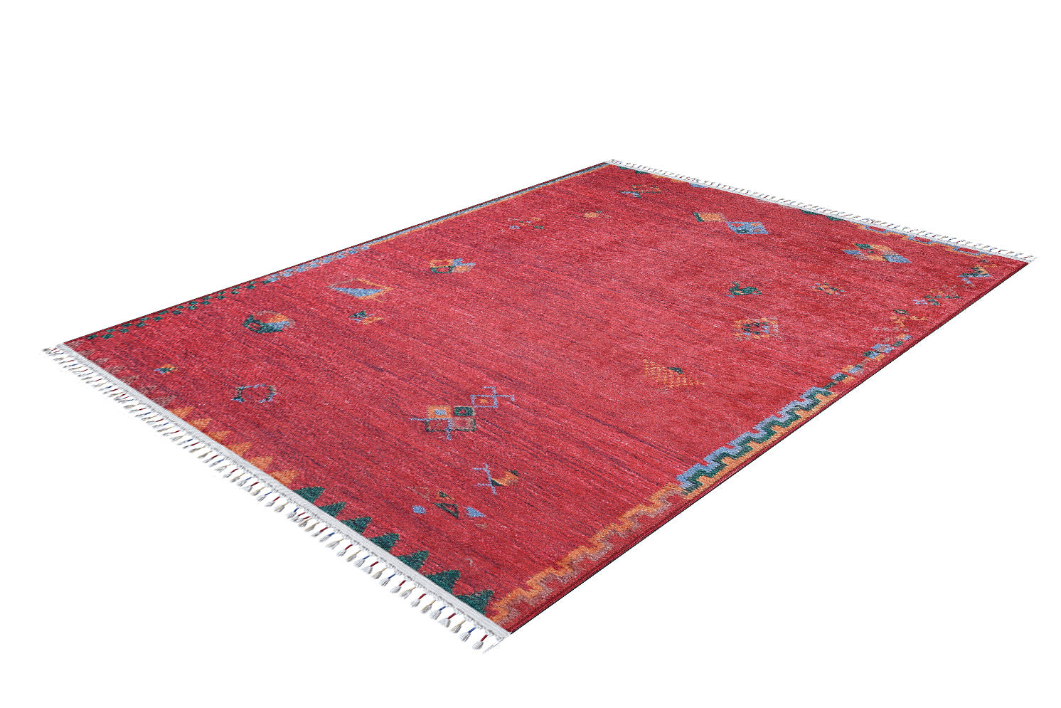 The Rosy Blush - Machine-Washable Rug (JRS5067) features a rectangular red design with colorful geometric patterns, a green and yellow zigzag border on one side, and white fringes—ideal for busy, high-traffic areas.