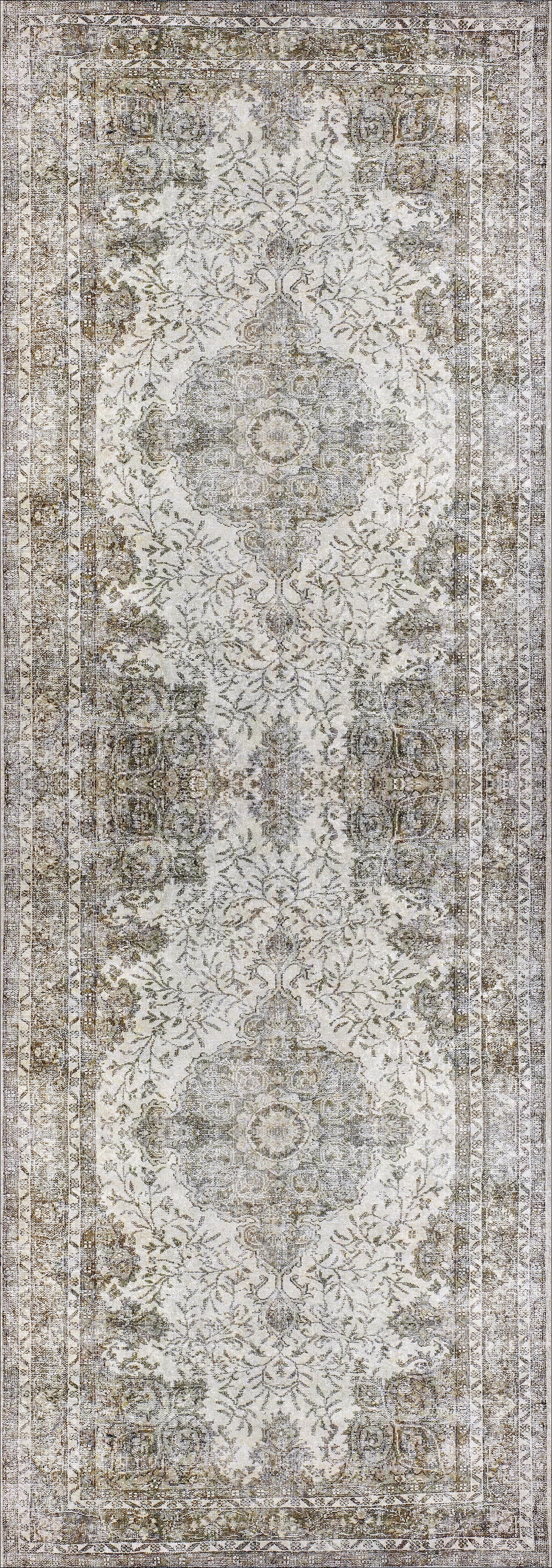 The Royal Legacy - Washable Rug - JR207 features a vintage-inspired faded floral and medallion pattern in beige, gray, and brown, with intricate borders. Its durable, washable design is ideal for high-traffic areas and brings timeless antique charm.