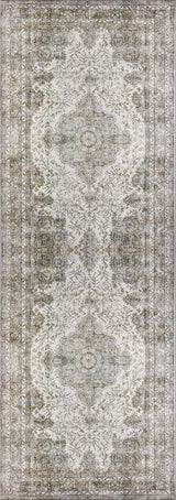 The Royal Legacy - Washable Rug - JR207 features a vintage-inspired faded floral and medallion pattern in beige, gray, and brown, with intricate borders. Its durable, washable design is ideal for high-traffic areas and brings timeless antique charm.