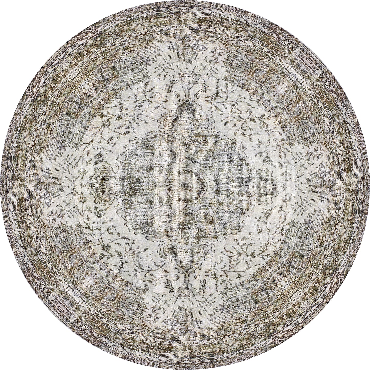 The Royal Legacy - Washable Rug - JR207 (Custom Size) features a round, vintage-inspired floral and medallion pattern in muted beige, gray, and cream with a distressed finish—perfect for high-traffic areas and classic décor.