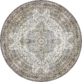 The Royal Legacy - Washable Rug - JR207 (Custom Size) features a round, vintage-inspired floral and medallion pattern in muted beige, gray, and cream with a distressed finish—perfect for high-traffic areas and classic décor.