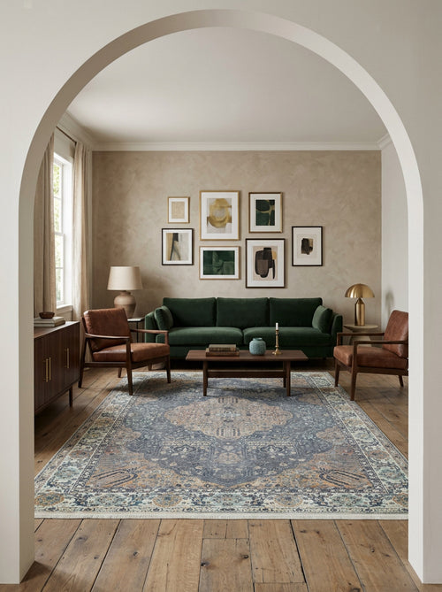 Load image 1 in gallery view. A stylish living room features a green sofa, two brown armchairs, wooden floor, modern art, a floor lamp, and the Royal Sultan - Washable Rug - JR1970 in blue for high-traffic areas, all framed by a white archway.