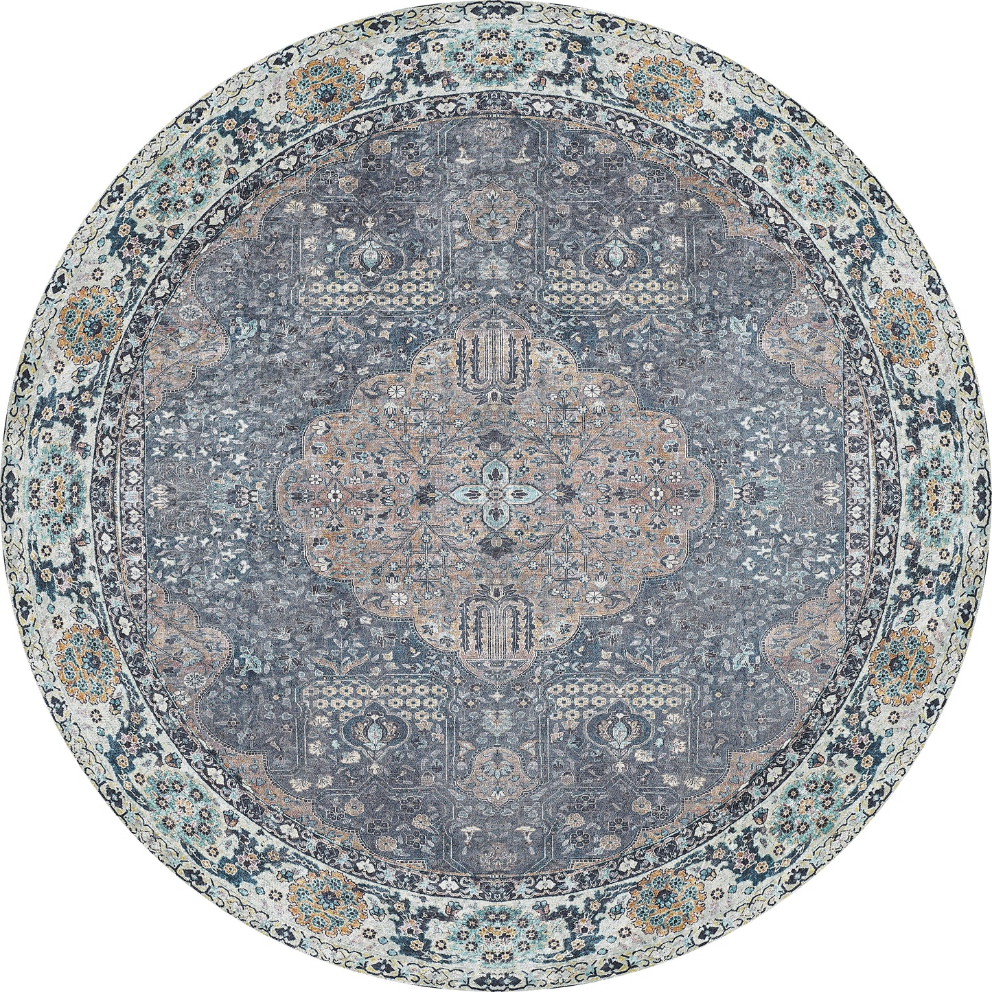 The Royal Sultan - Washable Rug - JR1970 is a round rug with a central medallion in soft blue, gray, beige, and cream. Its ornate floral and geometric patterns make it perfect for allergy-sensitive homes and easy to clean.