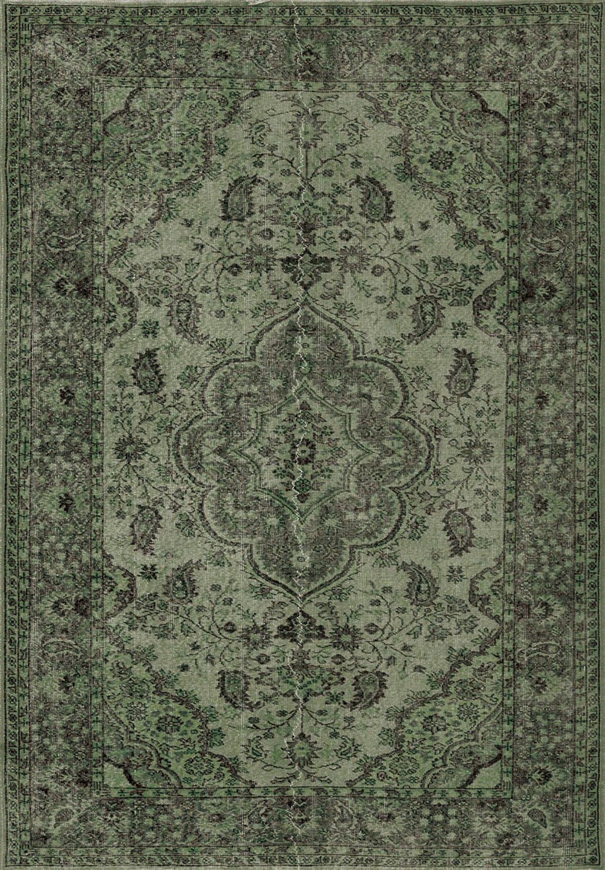 The Royal Vinework - Washable Rug - JRN1009 is a vintage-style green rug featuring a symmetrical medallion, ornate borders, and intricate floral patterns in dark and light green for an elegant, aged charm.