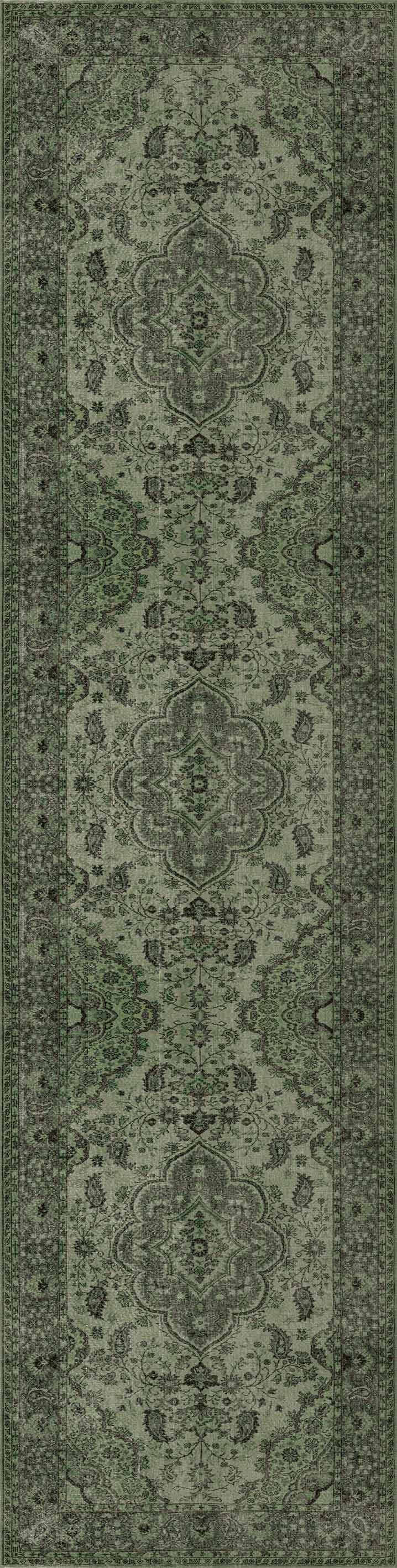 The Royal Vinework - Washable Rug (JRN1009) is a long, rectangular green rug with intricate floral and geometric patterns, a decorative border, and a slightly faded vintage look.