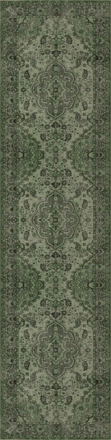 The Royal Vinework - Washable Rug (JRN1009) is a long, rectangular green rug with intricate floral and geometric patterns, a decorative border, and a slightly faded vintage look.