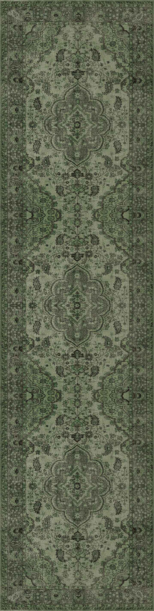 Load image 1 in gallery view. The Royal Vinework - Washable Rug (JRN1009) is a long, rectangular green rug with intricate floral and geometric patterns, a decorative border, and a slightly faded vintage look.