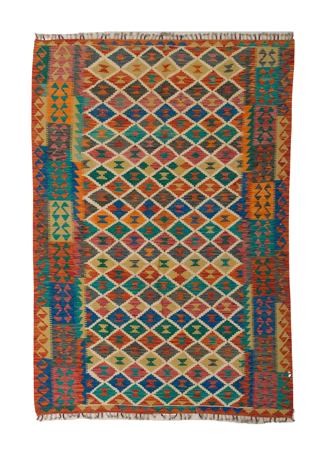 The Royal Weft - Handwoven Kilim is a colorful flatweave wool rug with a geometric diamond pattern in red, blue, yellow, green, and orange, bordered by multicolored motifs and finished with short fringe on both ends.