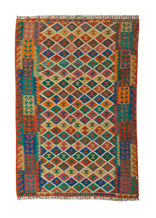 Load image 1 in gallery view. The Royal Weft - Handwoven Kilim is a colorful flatweave wool rug with a geometric diamond pattern in red, blue, yellow, green, and orange, bordered by multicolored motifs and finished with short fringe on both ends.