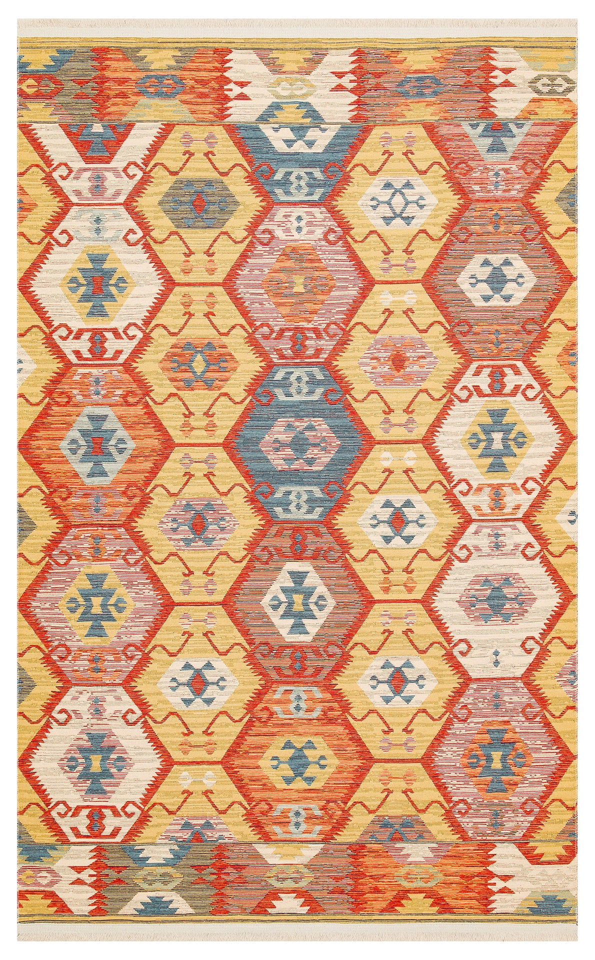 The Ruby Grain - Kilim - NMD06 features vibrant diamond and hexagon patterns in red, yellow, blue, and orange, arranged vertically with tribal motifs and crafted from flatwoven polyester.