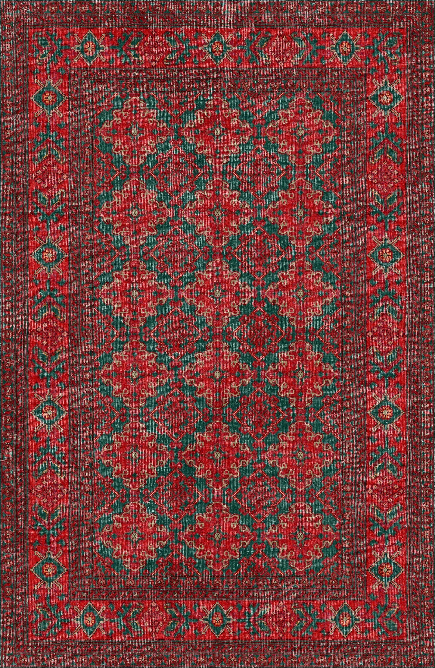 The Ruby Medallion - Washable Rug - JRN1031 (Custom Size) features an intricate geometric and floral pattern in red, green, and black, a decorative border, and elegant repeating motifs—perfect for high-traffic areas.