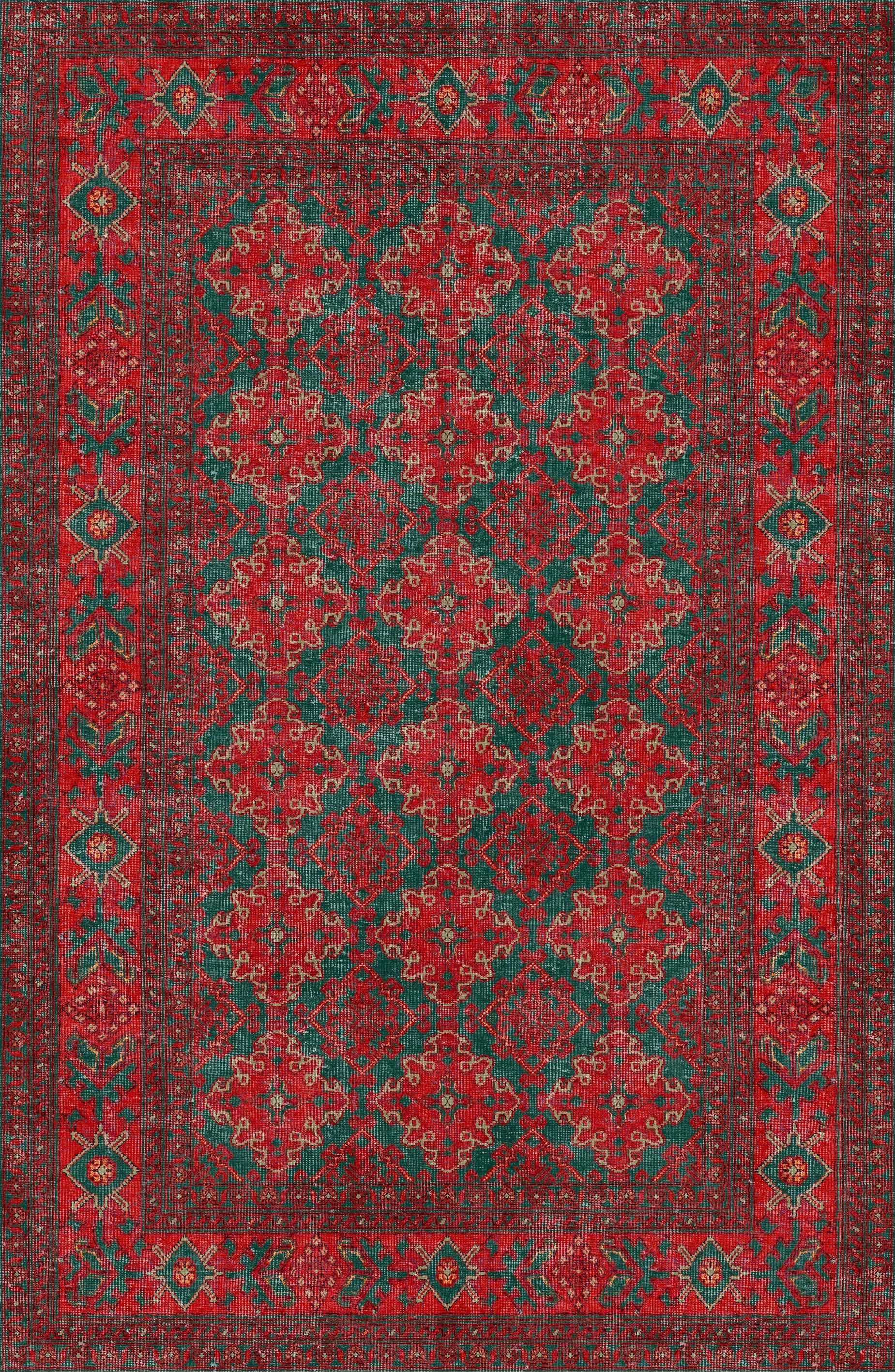 The Ruby Medallion - Washable Rug - JRN1031 (Custom Size) features an intricate geometric and floral pattern in red, green, and black, a decorative border, and elegant repeating motifs—perfect for high-traffic areas.
