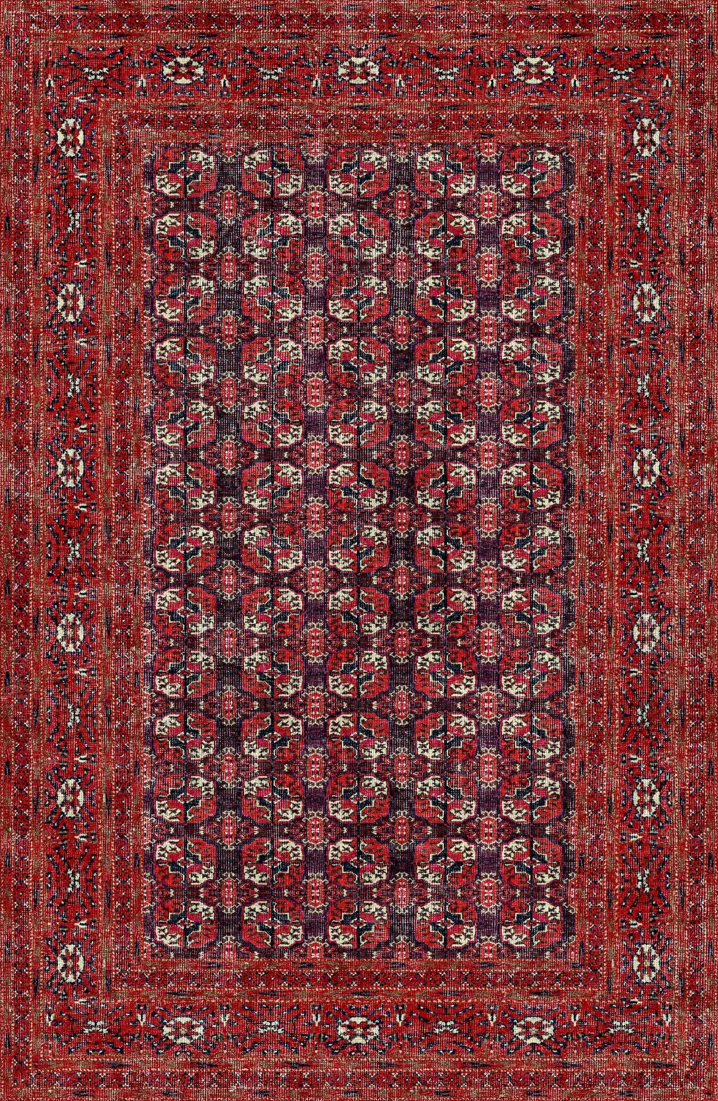 The Ruby Weave - Washable Rug - JRN1033 (Custom Size) features an intricate red geometric pattern with symmetrical motifs and multicolor borders—perfect for allergy-sensitive homes.